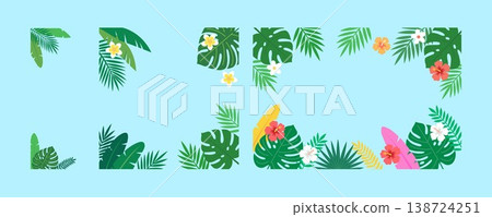Tropical Leaves and Exotic Flowers Decorative Frame Vector Set 138724251