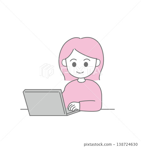 一幅簡單的線條畫，描繪了一位女性正在使用筆記型電腦。 138724630