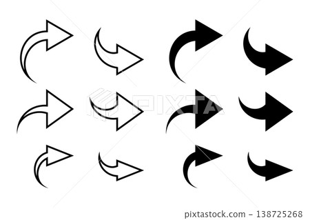 Set of curved right arrows. Black pointers icons. Vector illustration 138725268