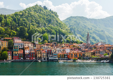 Colorful village on Lake Como waterfront Italy 138725381