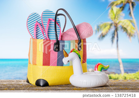 Colorful Beach Bag with Summer Accessories Colorful Beach Bag with Summer Accessories 138725418