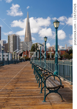 Scenic view of a classic wooden pier stretching into the San Francisco Bay Scenic view of a classic wooden pier stretching into the San Francisco Bay 138725426