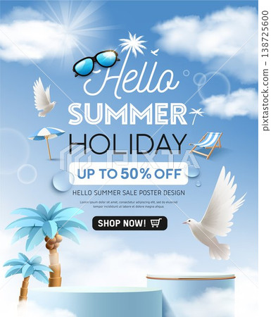 Summer holiday sale, blue color podium, coconut tree with white bird flying on cloud poster flyer background 138725600