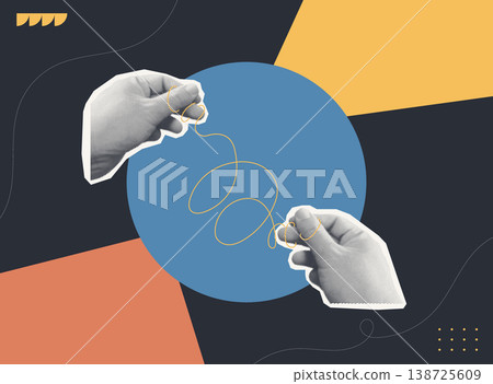 Trendy halftone collage of two person hands connected by a golden thread on dark geometric background, flat design concept for human connection, relationship, communication, and togetherness. Trendy halftone collage of two person hands connected by a golden thread on dark geometric background, flat design concept for human connection, relationship, communication, and togetherness. 138725609