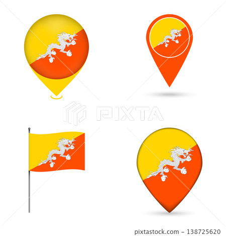 Bhutan Flag Map Pin Icons Set Collection. Bhutan Flag Map Pin Icons Set Collection. 138725620