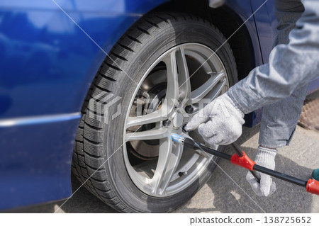 更換輪胎步驟：用輪胎扳手鬆開輪轂螺帽。 138725652