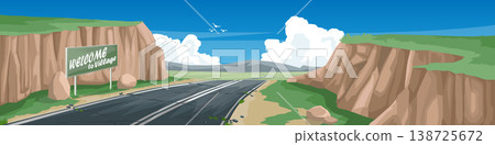 Horizontal or landscape view of asphalt road on hills to village. Sits on a hillside with small cliffs on both sides with Welcome Sign board. Background of road on meadow and mountain under the sky. Horizontal or landscape view of asphalt road on hills to village. Sits on a hillside with small cliffs on both sides with Welcome Sign board. Background of road on meadow and mountain under the sky. 138725672