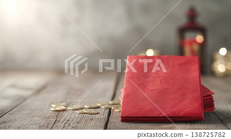 Envelopes with gold designs are neatly placed on a wooden table. Soft lighting highlights the details, while decorative items create a warm atmosphere 138725782