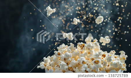 Popcorn bursts from a bowl as kernels explode into the air, creating a cloud of steam and fluff against a dark background during a snack time Popcorn bursts from a bowl as kernels explode into the air, creating a cloud of steam and fluff against a dark background during a snack time 138725789