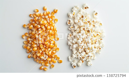 Kernels are shown on one side and popped corn on the other side. This displays the transformation from kernels to popped corn clearly Kernels are shown on one side and popped corn on the other side. This displays the transformation from kernels to popped corn clearly 138725794