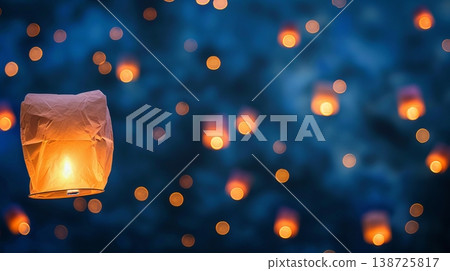 Lanterns rise into the night sky during an outdoor event. The scene is filled with glowing lights against a dark background, creating a bright display Lanterns rise into the night sky during an outdoor event. The scene is filled with glowing lights against a dark background, creating a bright display 138725817