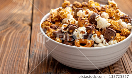 A bowl filled with popcorn, pretzels, and chocolate is placed on a wooden table, inviting people to enjoy a tasty snack during a gathering or movie night A bowl filled with popcorn, pretzels, and chocolate is placed on a wooden table, inviting people to enjoy a tasty snack during a gathering or movie night 138725857