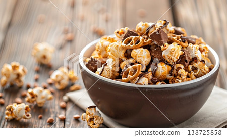 Popcorn is mixed with pretzels and chocolate in a bowl on a wooden table. Some snacks are spread around the bowl. This is a fun snack for any gathering 138725858