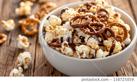 A bowl holds a mix of popcorn, pretzels, and chocolate. The snack sits on a wooden table. People can enjoy this mix during movie night or gatherings A bowl holds a mix of popcorn, pretzels, and chocolate. The snack sits on a wooden table. People can enjoy this mix during movie night or gatherings 138725859