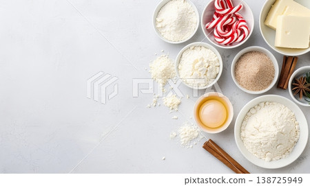 Flour, butter, candy canes, sugar, and baking items are arranged neatly on a white surface, ready for making dough. The setting shows a planned preparation space 138725949