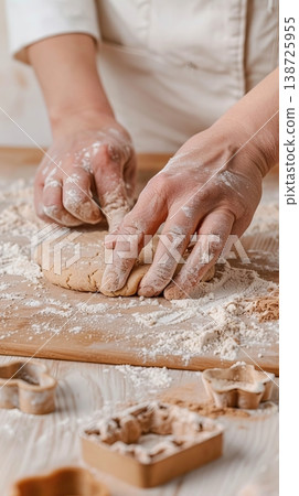 Hands press and shape cookie dough on a wooden table covered with flour and baking tools. The scene shows the process of preparing baked treats in the kitchen Hands press and shape cookie dough on a wooden table covered with flour and baking tools. The scene shows the process of preparing baked treats in the kitchen 138725955