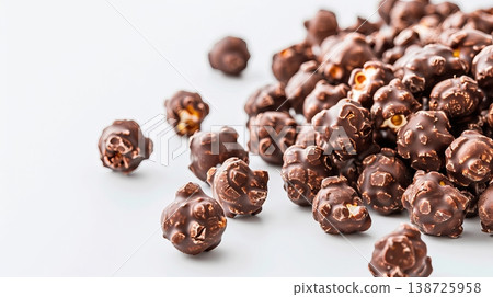 Chocolate popcorn is scattered on a light surface with a glossy dark chocolate coating. This snack is ready to be enjoyed at any time of day Chocolate popcorn is scattered on a light surface with a glossy dark chocolate coating. This snack is ready to be enjoyed at any time of day 138725958