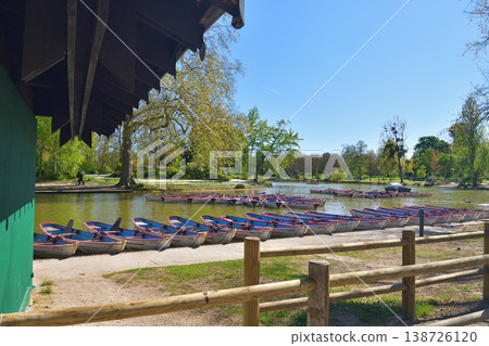 Rental boats lined up on Lake Daumesnil in the Bois de Vincennes, Paris (photographed April 7, 2026) 138726120