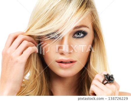 Portrait of blonde woman, hair care and eyeshadow makeup in studio isolated on white background. Face, cosmetics or hairstyle of confident model in salon treatment, hairdresser or beauty for skincare Portrait of blonde woman, hair care and eyeshadow makeup in studio isolated on white background. Face, cosmetics or hairstyle of confident model in salon treatment, hairdresser or beauty for skincare 138726229