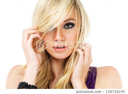 Portrait of blonde woman, hair care and eyeshadow makeup in studio isolated on white background. Face, cosmetics or hairstyle of confident model in salon treatment, hairdresser or beauty for skincare Portrait of blonde woman, hair care and eyeshadow makeup in studio isolated on white background. Face, cosmetics or hairstyle of confident model in salon treatment, hairdresser or beauty for skincare 138726245