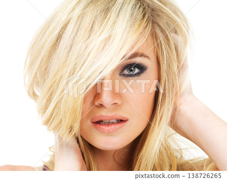 Portrait of blonde woman, beauty makeup and hair care in studio isolated on white background. Face, cosmetics or hairstyle of confident model in salon treatment, hairdresser or eyeshadow for skincare Portrait of blonde woman, beauty makeup and hair care in studio isolated on white background. Face, cosmetics or hairstyle of confident model in salon treatment, hairdresser or eyeshadow for skincare 138726265