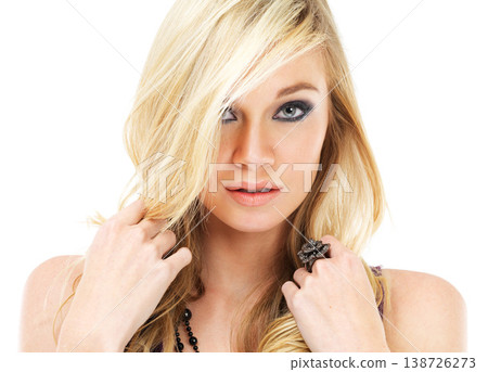 Portrait of blonde woman, hair care and beauty makeup in studio isolated on a white background. Face, cosmetics or hairstyle of serious model in salon treatment, hairdresser or eyeshadow for skincare Portrait of blonde woman, hair care and beauty makeup in studio isolated on a white background. Face, cosmetics or hairstyle of serious model in salon treatment, hairdresser or eyeshadow for skincare 138726273