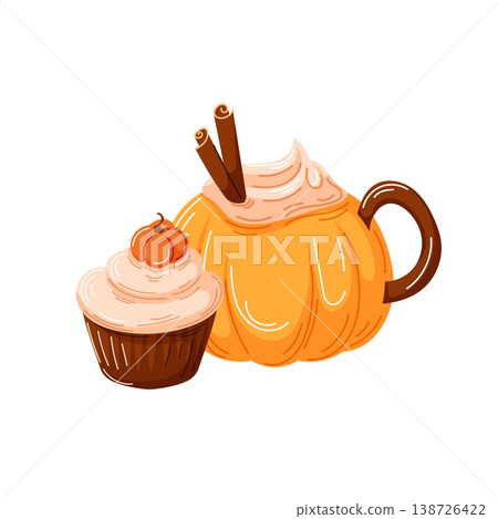 Pumpkin shaped mug with whipped cream and cinnamon sticks and cupcake in cartoon style. Autumn pumpkin food concept. Vector illustration for cafe design Pumpkin shaped mug with whipped cream and cinnamon sticks and cupcake in cartoon style. Autumn pumpkin food concept. Vector illustration for cafe design 138726422