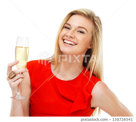 Portrait, champagne and toast with a woman in red isolated on white background at an event, party or gala. Face, success and alcohol glass with the smile of a happy young person celebrating in studio 138726541