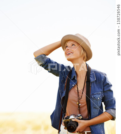 Woman, camera and thinking with travel, vacation and holiday with wheat field and plants. Nature, photographer and outdoor with traveler blog and countryside with photo for adventure and journey Woman, camera and thinking with travel, vacation and holiday with wheat field and plants. Nature, photographer and outdoor with traveler blog and countryside with photo for adventure and journey 138726546