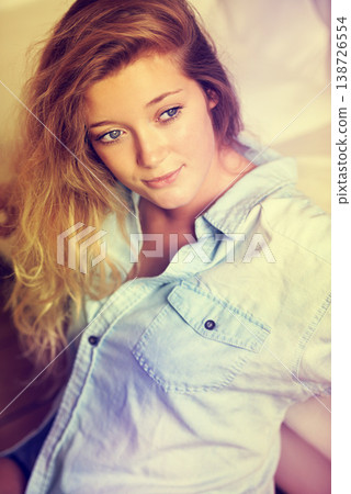Beauty, idea and a woman in the bedroom of her home to relax on the weekend during a summer morning. Face, thinking and inspiration with a young gen z person chilling alone in her apartment 138726554