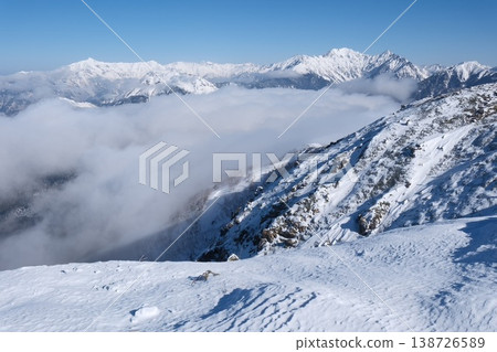 雄偉的雪山在湛藍的天空映襯下格外醒目,山谷中雲海翻騰。 雄偉的雪山在湛藍的天空映襯下格外醒目,山谷中雲海翻騰。 138726589