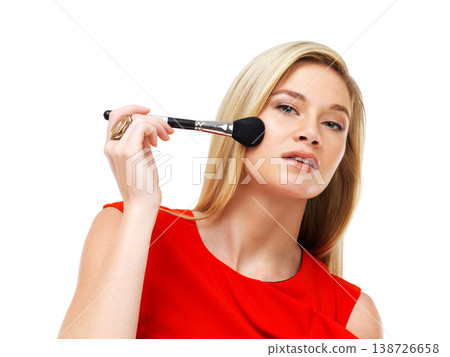 Makeup, portrait and woman in studio with brush application, tools and facial cosmetics. Fashion, beauty product and face of girl with color glow on cheek, self care and isolated on white background. Makeup, portrait and woman in studio with brush application, tools and facial cosmetics. Fashion, beauty product and face of girl with color glow on cheek, self care and isolated on white background. 138726658