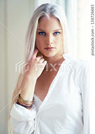 Portrait, woman and looking at you for fashion in bedroom for natural beauty with trendy style. Female person, face and serious expression with hairstyle for modern, cool or casual clothes in home Portrait, woman and looking at you for fashion in bedroom for natural beauty with trendy style. Female person, face and serious expression with hairstyle for modern, cool or casual clothes in home 138726665