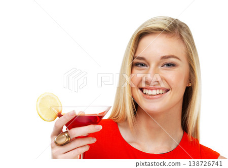 Cocktail, drink and portrait of woman in club fashion in studio white background. Drinking, alcohol and model with happiness in red dress at nightclub, party or event with confidence, style or beauty 138726741