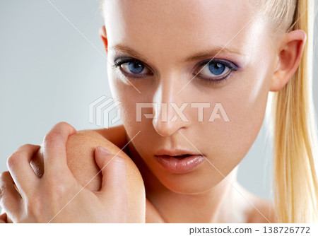 Beauty, cosmetics and portrait of woman in studio with skin glow, creative facial care and luxury skincare. Dermatology, makeup and face of gen z model girl with unique aesthetic on white background. Beauty, cosmetics and portrait of woman in studio with skin glow, creative facial care and luxury skincare. Dermatology, makeup and face of gen z model girl with unique aesthetic on white background. 138726772