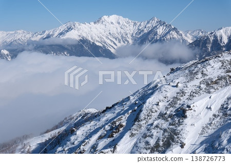 巍峨險峻、白雪皚皚的山峰聳立在湛藍的天空下,下方是一片壯麗的雲海。 巍峨險峻、白雪皚皚的山峰聳立在湛藍的天空下,下方是一片壯麗的雲海。 138726773