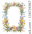 Watercolor Vintage Storybook Floral Frame with Ribbons and Garden Leaves Border 138726967