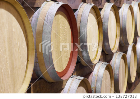 Background, wine production and oak barrel in brewery for beer, alcohol manufacturing and whiskey fermentation. Closeup, wood cask and liquor storage container in winery, factory and distillery vault 138727018