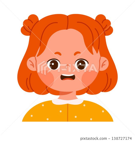 Cute worried redhead girl character with anxious facial expression. Concerned child avatar with open mouth. Emotional reaction concept. Kid apps and emotions education concept. Isolated vector  138727174