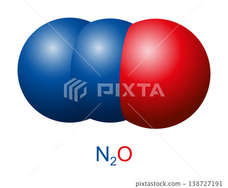 Nitrous oxide molecule, N2O, laughing gas, space-filling model. Inorganic chemical compound and oxide of nitrogen, used in surgery and dentistry for its anaesthetic and pain-reducing effects. Vector 138727191