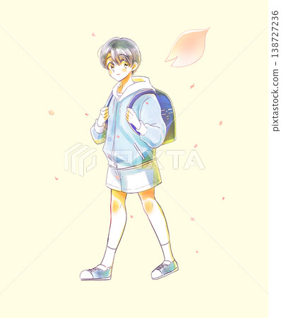 一個男孩背著書包，走在漫天飛舞的櫻花中。 138727236