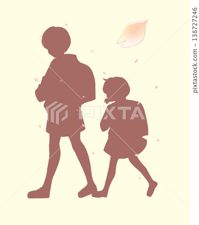 Two children, a boy and a girl, walking side by side, silhouettes against a flurry of cherry blossoms. 138727246