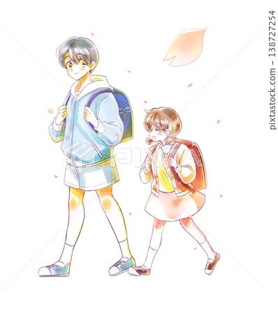 A boy and a girl walk side by side, smiling, amidst a flurry of cherry blossoms. A boy and a girl walk side by side, smiling, amidst a flurry of cherry blossoms. 138727254