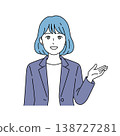 一位女商務人士舉起一隻手進行講解的向量插圖。 138727281