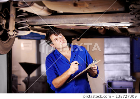 Car, inspection or service with a mechanic man in a garage for a report on a vehicle repair for insurance. Maintenance, professional and expertise with a young engineer in a workshop for assessment 138727309