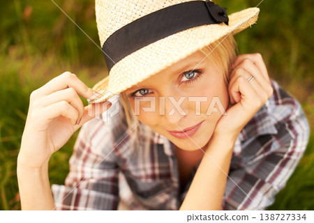 Smile, portrait and young woman in nature with a straw hat sitting in an outdoor garden for fresh air. Happy, fashion and female person from Australia in the forest, woods or field with casual style. Smile, portrait and young woman in nature with a straw hat sitting in an outdoor garden for fresh air. Happy, fashion and female person from Australia in the forest, woods or field with casual style. 138727334