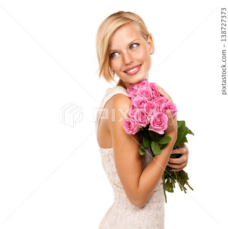 Flowers, roses and bride with woman in studio for floral, valentines day and romance. Wedding, gift and happy with female person and bouquet on white background for elegant, love and present Flowers, roses and bride with woman in studio for floral, valentines day and romance. Wedding, gift and happy with female person and bouquet on white background for elegant, love and present 138727373