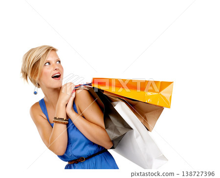 Woman, wow and shopping bag for discount, sale and retail giveaway or competition on a white background. Happy customer or excited person with surprise for announcement, winning and fashion in studio 138727396