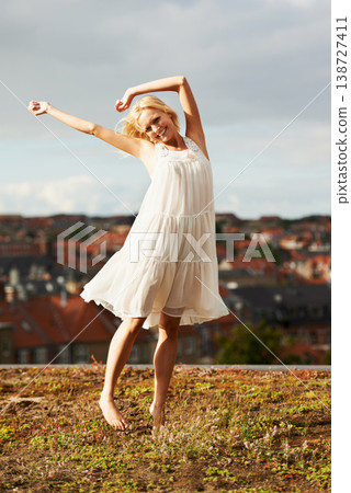 Woman, freedom and dancing on vacation, happiness and outdoor for holiday, smiling and city. Summer, dancer and urban area for break, getaway and carefree on trip, barefoot and amsterdam spring time Woman, freedom and dancing on vacation, happiness and outdoor for holiday, smiling and city. Summer, dancer and urban area for break, getaway and carefree on trip, barefoot and amsterdam spring time 138727411
