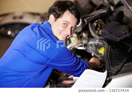 Portrait, happy man and mechanic with document on engine of car, repair or maintenance. Smile, face and technician with paperwork on motor vehicle, auto service or workshop, garage or small business Portrait, happy man and mechanic with document on engine of car, repair or maintenance. Smile, face and technician with paperwork on motor vehicle, auto service or workshop, garage or small business 138727434